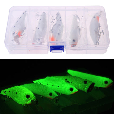 5pcs Night Fishing Lure Bait Kit Luminous VIB Popper Crank Minnow Pencil Glow In Dark Artificial Lures 5 Pieces With Lure Box