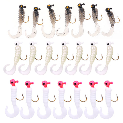 7pcs/pack Soft Fishing Lures Baits Gigged Twirl Tails Jig Ball Head Artificial Bait Fake Lure Fishing Tackle Accessories 3 Color