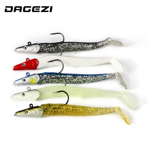 DAGEZI 5pcs/lot lead Jig Head Soft Lure 11cm/21g Luminous Soft bait with hook Swimbaits fishing Tackle Sharp Hook Pesca