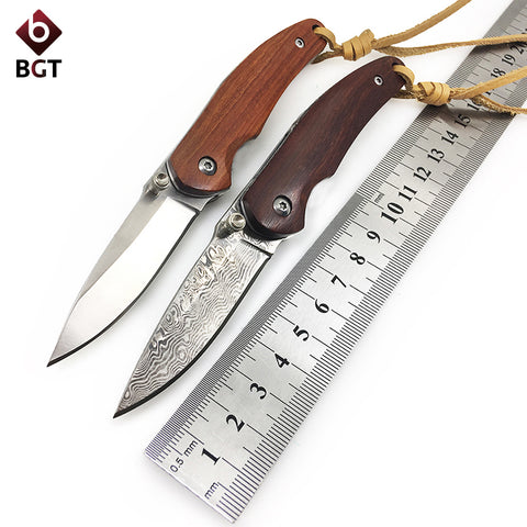 9CR18 Damascus Pocket Folding Knife Handmade Wood Handle Tactical Survival EDC Knives Outdoor Hunting Camping EDC Rescue Tools